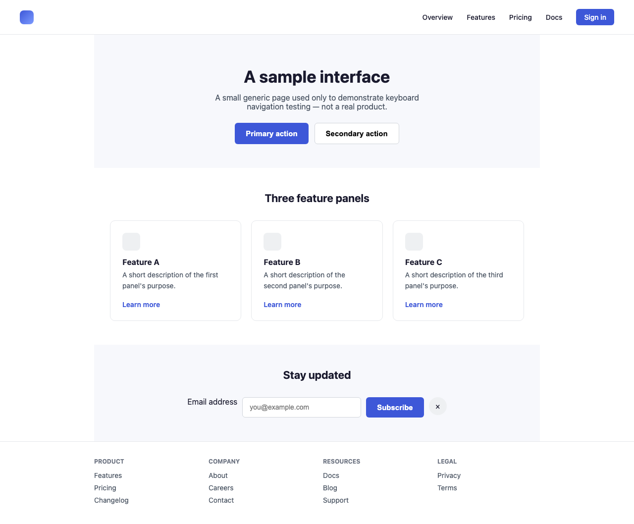 A small generic sample page with a nav, hero, three feature panels, a subscribe form and a footer.